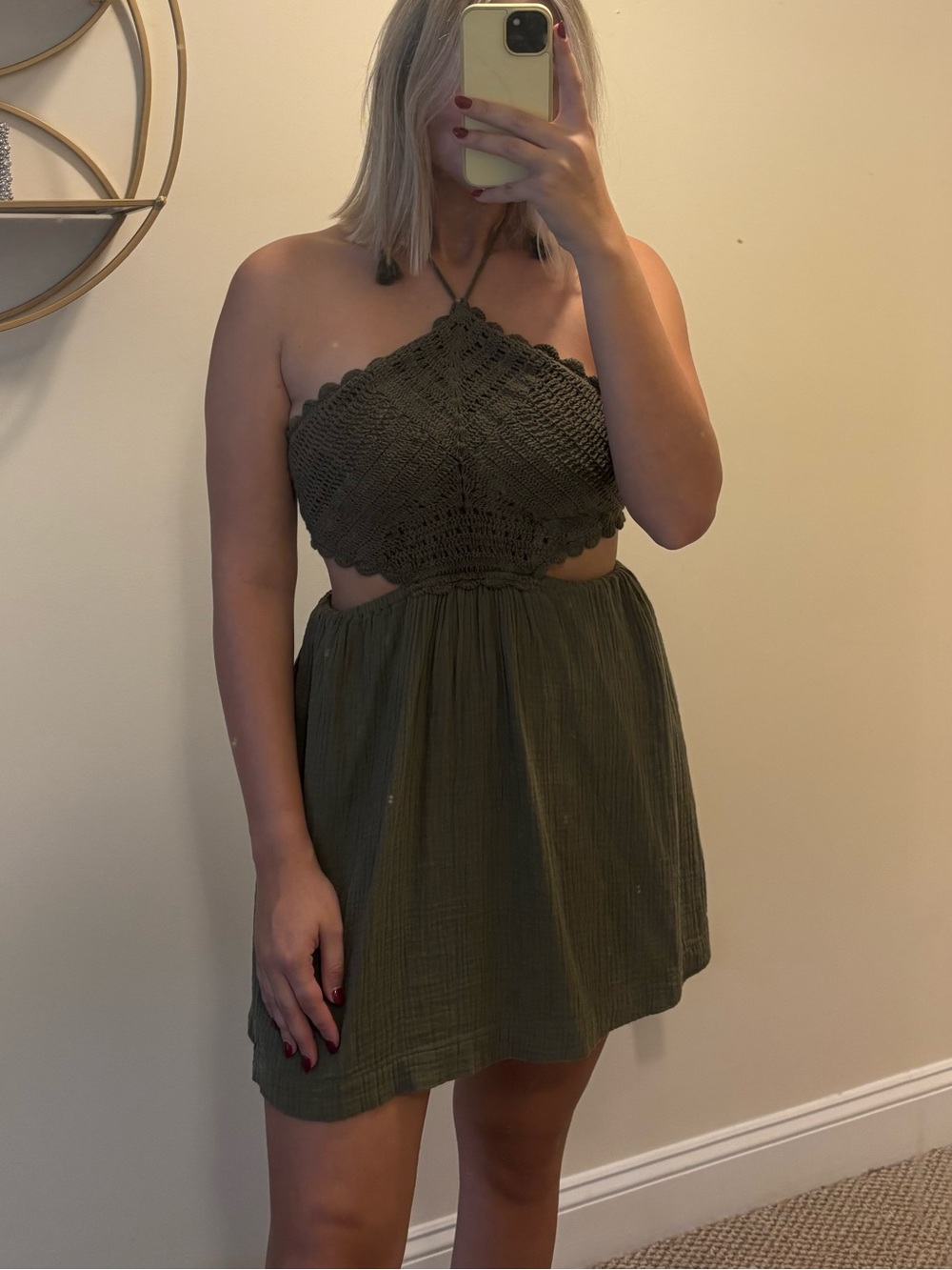 aerie Olive Green Crochet Halter Mini Dress